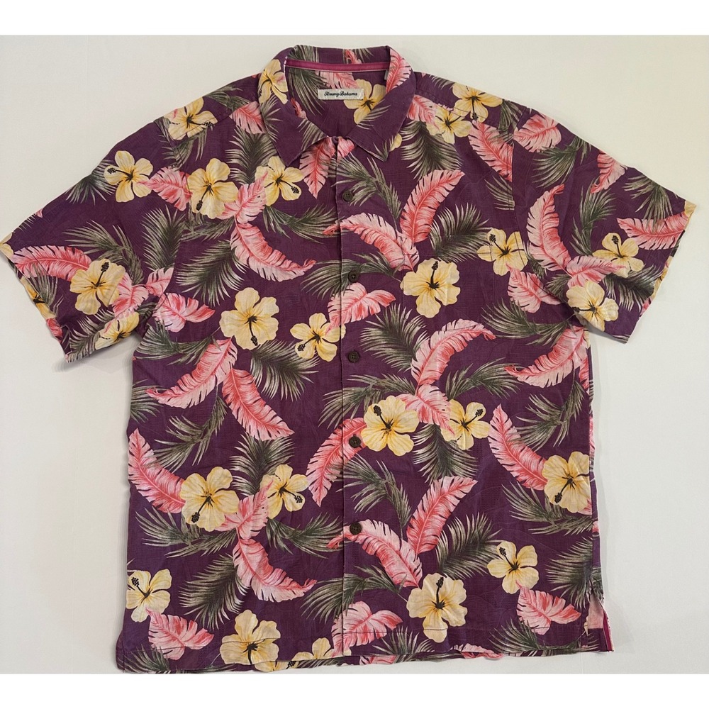 Tommy Bahama IslandZone Mens Lg Purple Silk Blend Hibiscus Palm Hawaiian Shirt